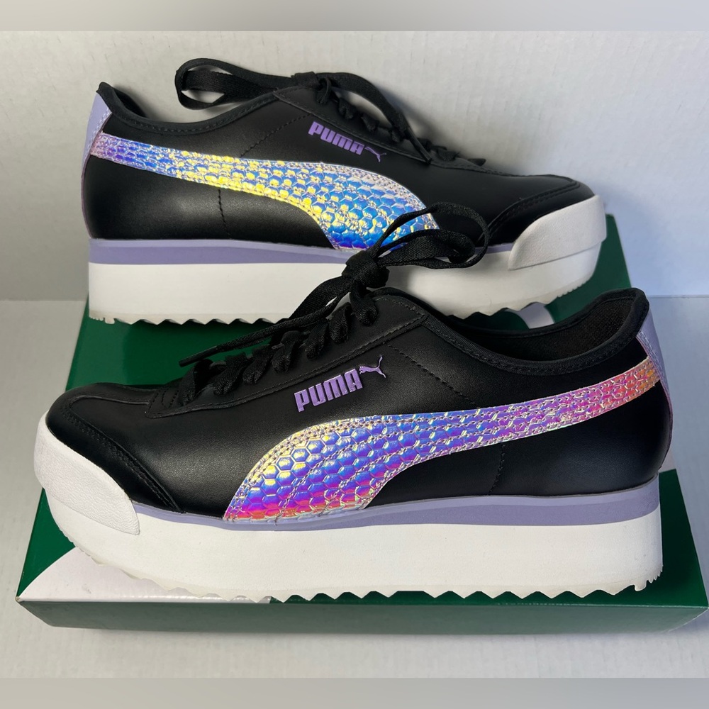 Puma Black and Purple Platform Sneakers with Holographic Stripe